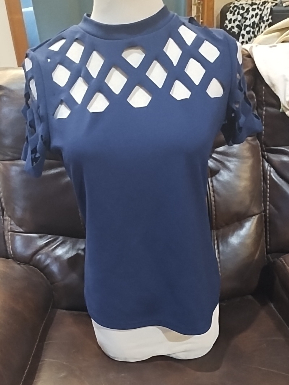 Shein Women's Navy Cutout Short Sleeve Top